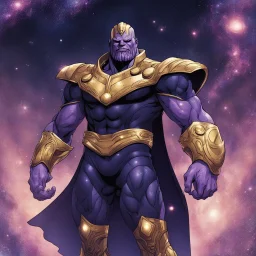 A god-like thanos with infinite power who owns the galaxies,A powerful commander in a dress made of galaxies and stars with a huge army