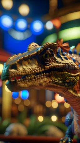 dinosaur wearing a party bow at a casino, shot on Hasselblad h6d-400c, zeiss prime lens, bokeh like f/0.8, tilt-shift lens 8k, high detail, smooth render, down-light, unreal engine, prize winning