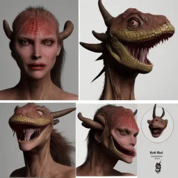 female evil hybrid human reptilian gold and red snake eyes sharp teeth dead face, scales eyes, horns around top of head