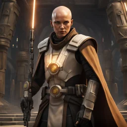 a bold and heroic bald male Corellian pilot in black and metallic grey First Order special forces gear meets a female Jedi Master in ancient, mystical temple, hyperdetailed, dynamic lighting, hyperdetailed background, 8k resolution, volumetric lighting, light skin, fully symmetric details