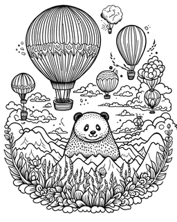 A whimsical hot air balloon festival over a landscape of rolling hills, cute bear,panda ,lion and wildflowers for colouring pages black and white outline line art,no blur,no grayscale,no black backdrop,onl white backdrop,realistic look