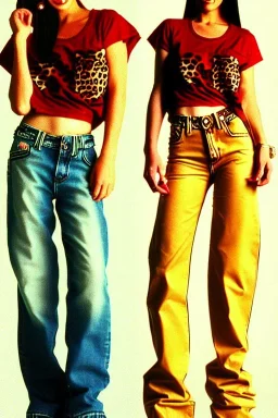 year 1996 denim fashion. Loose, baggy, low waist Combat pants and t-shirt. Colors: denim blue, blue, purple, cream, khaki, light green, lilac, plum, orange, terracotta, red, light yellow, lion yellow, pink, dark blue, beige. leopard, Cheetah . Latex in small part. Kylie Minogue, Tyra Banks,Julia Roberts. leg warmer. Cargo pants.