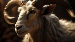 Create a realistic shot of the entire Arab body of Capra with long round horns with high details, warm and soft lighting, [description/background], from [angle].