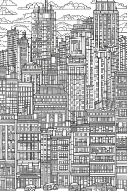 outline art for cities coloring pages for adults with big city, white background, Sketch styl, only use outline. clean line art, no shadows and clear and well outlined, Intricate Patterns and Details