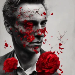 portrait of man with a fading red flower inside his face, high detailed black and white with red accents, digital painting.