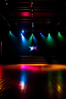 a five-pointed star on theater stage with colorful studio down lighting and light fog