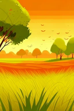 Rice field，Trees，Warm color palette，Animation，A lovely grasshopper