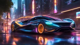 masterpiece, best quality, intricate detail, a sleek futuristic car racing through a neon-lit city, leaving a trail of light in its wake, raytracing, high reflection detail, ambient occlusion, bloom, debris, motion lines, rain