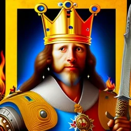 yellow king with a sword facing up and down, both hands on the sword, the right side of the king is flaming with a blue flame, the left side of the king is flaming with a red flame