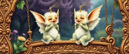 sacred geometry embroidered patterns, two totally symmetric fluffy angel gremlin slug nice cheerleader singing on ornate carved magical sceptre bridge in garden , full body portrait strong aura, oil painting and air brush, in swing net