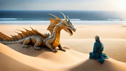 the coast of a desert seen from the top of a dune. a serene dragon looking at the ocean meditating on life. fantasy,