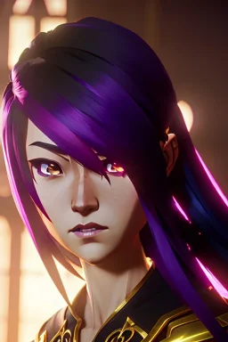 Young asian woman, anime barbarian character, purple hair, gold eyes, long hair gold jewelry, leather, vibrant color, highly detailed, art stations, concept art, smooth, unreal engine 5, god rays, ray tracing, RTX, lumen lighting, ultra detail, volumetric lighting, 3d, finely drawn, high definition, high resolution.