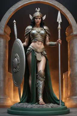 highly detailed marble and jade roman statue on a plint of a 18 year old goddess of love and war in chain mail and carrying a spear and holding a round shield in front of her. sandals. full body shot, invisible gloves, , volumetric fog, Hyperrealism, breathtaking, ultra realistic, unreal engine, ultra detailed, cyber background, Hyperrealism, cinematic lighting, highly detailed, breathtaking, stunning temple environment