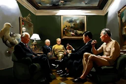 Putin, President Xi Of China And Joe Biden Play Chess With A Pigeon,Ufo And Atomic Bomb Mushroom Cloud,Complex Surgical Instruments Intermixed With A Newborn Boy,Minimalism,Painting By Adrian Ghenie,Rene Magritte,Pablo Picasso,Michelangelo,Salvador Dali,Lucian Freud