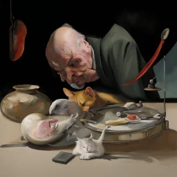 UN conference,a cat and human flesh-like surgical instruments and universe-like a pigeon and neuralink, surrealism,minimalism,Painting By Adrian Ghenie, Rene Magritte, Salvador Dali, Lucian Freud