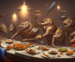 supper, fish sit at the table and eat pieces of people.