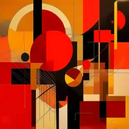 Present at the creation, abstract geometric art, by Ray Johnson and Victor Pasmore, mind-bending illustration; asymmetric, 2D, warm colors, crimson dark shine burn, sci-fi guided by N(t)=N0​⋅e−kt