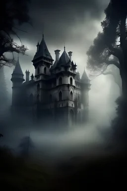 Haunted Hearts: An eerie castle adorned with heart-shaped windows, surrounded by a misty forest, with ghostly apparitions lingering in the background.