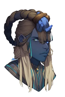 A tieffelin with blue skin and white Dreadlock hair. His pupil-less eyes are green. He wears a small beard.