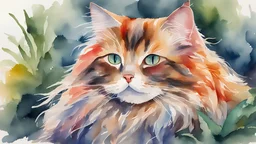 Watercolor of a long-haired cat with intense colors, bored in the jungle.