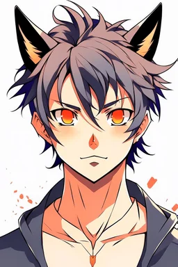 A young adult male anime realistic with one black cat ears, one orange cat ear, black and orange messy hair