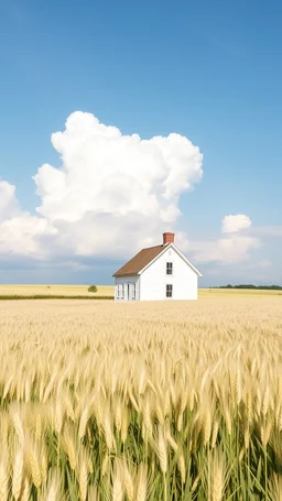 White house in a white field of white barley with a white clouds in the background,