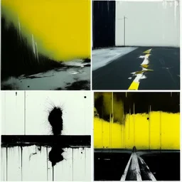 Minimal abstract oil paintings desolate 1960s carpark concrete fragments style of Justin Mortimer and Francis Bacon. Yellow road markings.