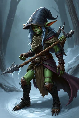 a goblin witch, humanoid, fantasy, bandit, female, ice