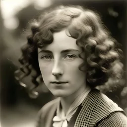 a 1920s irish journalist young woman with freckles curly hair outside