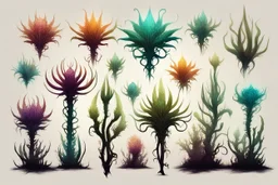Isolated concept art of alien plants on a plain neutral background. Strange fictional extraterrestrial flora with unusual shapes, glowing details, thorns, spines, tendrils, and exotic flowers. Each plant designed with unique silhouette and fantasy colors, digital painting style, detailed textures, science fiction botanical illustration, no background, no landscape.