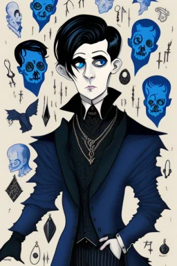 black haired blue eyed young man necromancer wizard with gothic jewelry in the style of charles addams