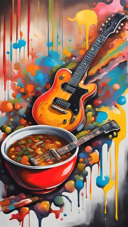 Bowl of stew with Guitar on top, graffiti art, splash art, street art, spray paint, oil gouache melting, acrylic, high contrast, colorful polychromatic, ultra detailed, ultra quality, CGSociety