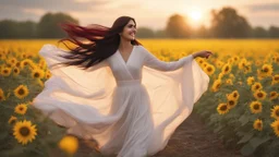 Hyper Realistic Beautiful-Young-Happy-Pashto-Woman-Smiling with beautiful-long-black-hair-&-white-dress-with-maroon-shawl & breeze-whirling in a sunflower-field with a tree behind & cloudy-sunset showing dramatic & cinematic ambiance