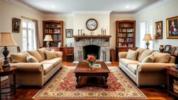 A traditional living room with a large, upholstered sofa and two matching armchairs arranged around a wooden coffee table. The room has a single, stone fireplace with a mantel decorated with candles and a clock. There is a patterned rug on the floor, bookshelves filled with books, and family portraits on the walls. Award-winning photograph, beautiful composition, exquisite detail and illumination