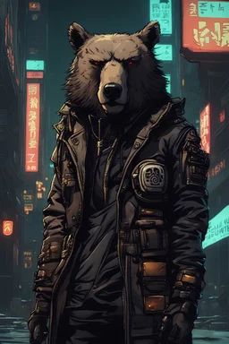 cyberpunk city alley cyborg samurai with bear patch on his jacket