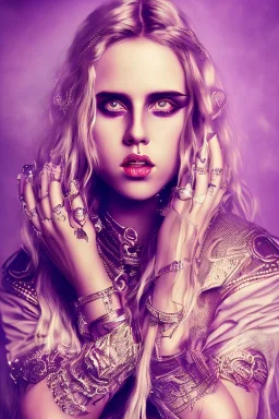 Danish singer MØ face, viking, high light ,purple tones,