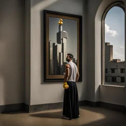 a Persian gay muscle man with a yellow big duck doll in a modern street in Tehran with towers.