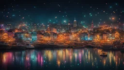 dream world, city harbour, fireflies, tiny multicoloured twinkling lights, calm beauty, fantasy world, magic, night, darkness, splendor, uplifting, inspiring, therapeutic, chiaroscuro, color, award-winning colour photograph, beautiful composition, Nikon 35mm