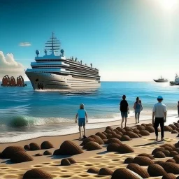 i want to create ai image for photo backgrounds of a ship parked on the shore of a beautiful sea with people around