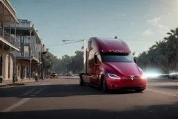 A Tesla 'Semi' (semi truck) is going at a high speed, on the streets of New Orleans. (CINEMATIC, WIDE ANGLE LENS, PHOTO REAL)