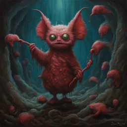 Dream of a cute fuzzy creature with a murderous past, by Didier Mazunu, by Dave Kendall, surrealism, bleeding matte oil paint.