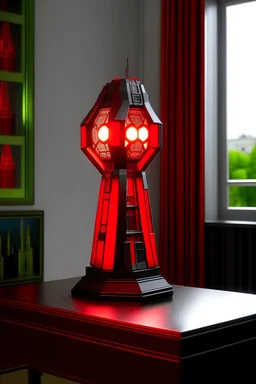 gaming table lamp inspired by avengers stark tower buliding architecture futuristic-modern stlye. geometric form, red and black color scheme