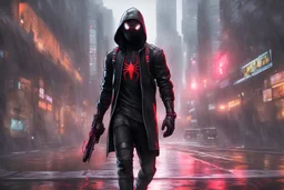 Miles morales in 8k nier automata drawing style, venom them, no reflect color, cinematic mood, neon effect, close picture, rain, highly detailed, high details, detailed portrait, masterpiece,ultra detailed, ultra quality
