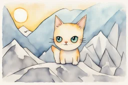 cute chibi anime frightened cat, crashed airplane in the snowy mountains, styles of Paul Klee Dee Nickerson and Tim Burton, melting watercolor and black ink outlines on wet paper, soft, shading strokes, in sunshine, ethereal, otherwordly, cinematic postprocessing, bokeh, dof