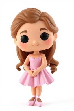 Funko figure of a very young female, smiling, long wavy light brown hair, wearing a ballerina dress, pink dress, ballet, very cute, ballet pose,. typography, 3D render. White background