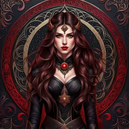 A (((young woman with long brown hair))), captured in a (((fantasy setting))) with a dark color palette, dominated by (((black))) and (((red))), intricate patterns and ornate designs incorporating elements like stars, moons, and swirling spirals. Her attire is sleek and (((leather))), with (((red eyes))), a (((smirk))) that implies both confident arrogance and an air of malevolent power. The overall aesthetic radiates an otherworldly quality, as if set against a (battleground)