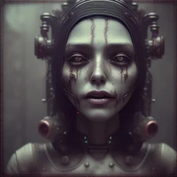 a cute smiling girl with her mother, red tattoo in the face, steam punk, scary, horror, realistic, made in octane, cinematic, movie, CGI, ultra-realistic, extremely detailed octane rendering, 8K, VRAY Super Real ar 2:3, dof photorealistic futuristic 50mm lens hard lighting dark gray tintype photograph, realistic lighting, sephia colors