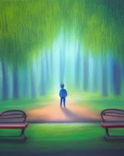 park mystical dream, park bench, man, woman, child, dog, trees, path, bird, sunshine, mystical, fantasy, romanticism, pastel colors, daylight, daytime, acrylic painting, detailed, soft focus,