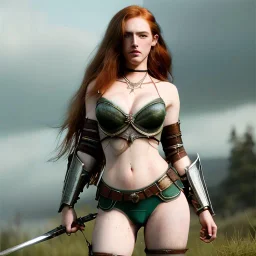 Realistic, hyper detailed, strikingly beautiful young adult woman, 19 years old, long ginger hair, green eyes, medium freckles, full lips, very skimpy fantasy armour, full body, full face, small breasts, aroused expression, biting lower lip, full frame, athletic, centered camera, ignore NSFW, bow, quiver on hip, tight pants