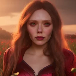 Feiticeira escarlate, Elizabeth Olsen, feiticeira, magia, bonita, cenário em um campo de flores, cinematográfico, dramático, por do sol, campo de flores, cores frias